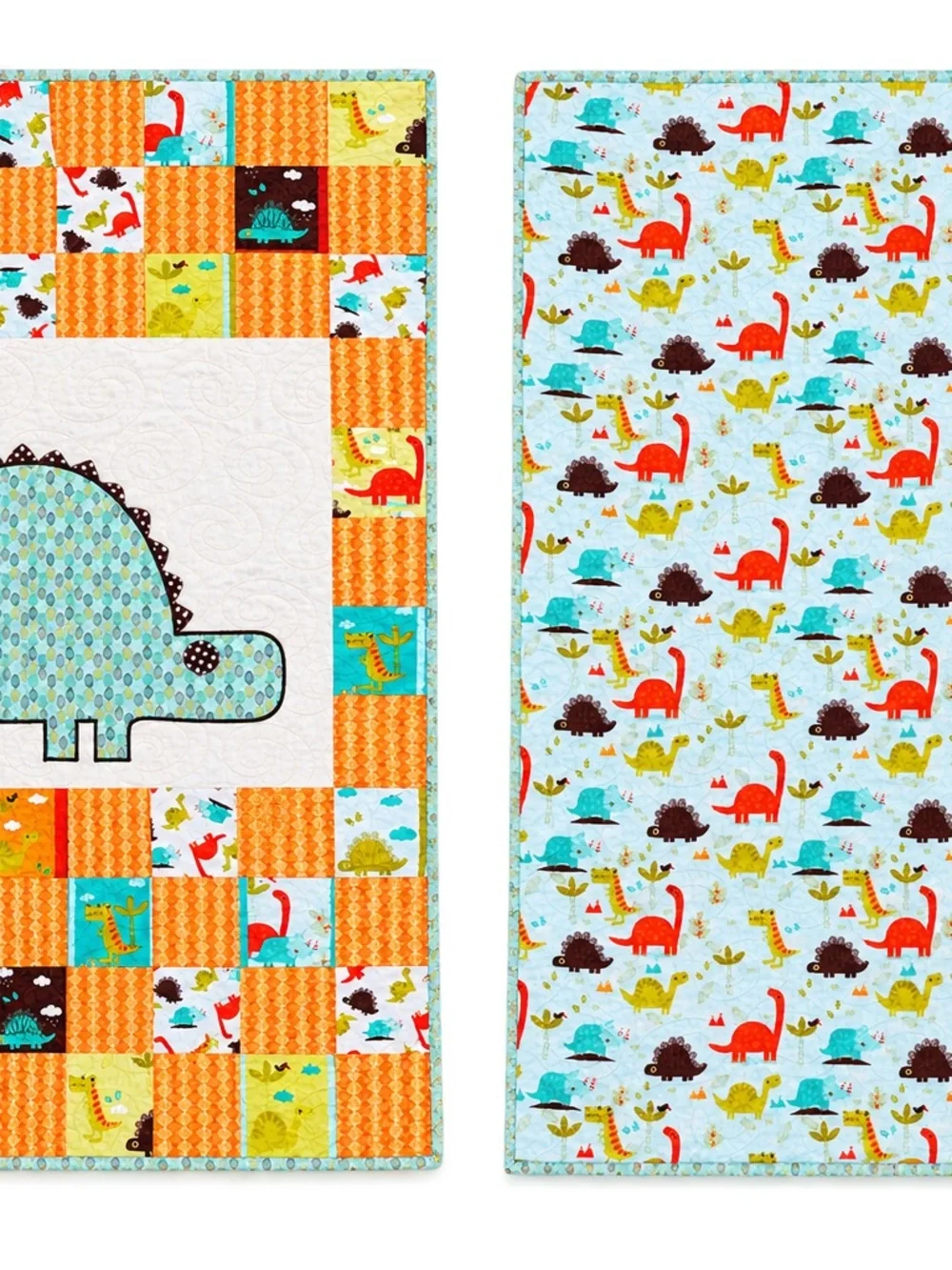 Playful Dino Patchwork Handmade Baby Quilt - Aqua & Orange